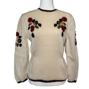 Vtg Cream Floral Embroidered Handknit Sweater Women’s 8 (fits XS/S) Cottagecore